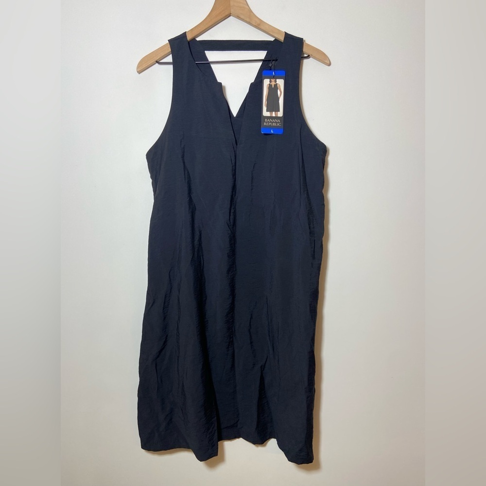 Banana Republic Satin Sleeveless Shift Dress Size Large Black Pockets New